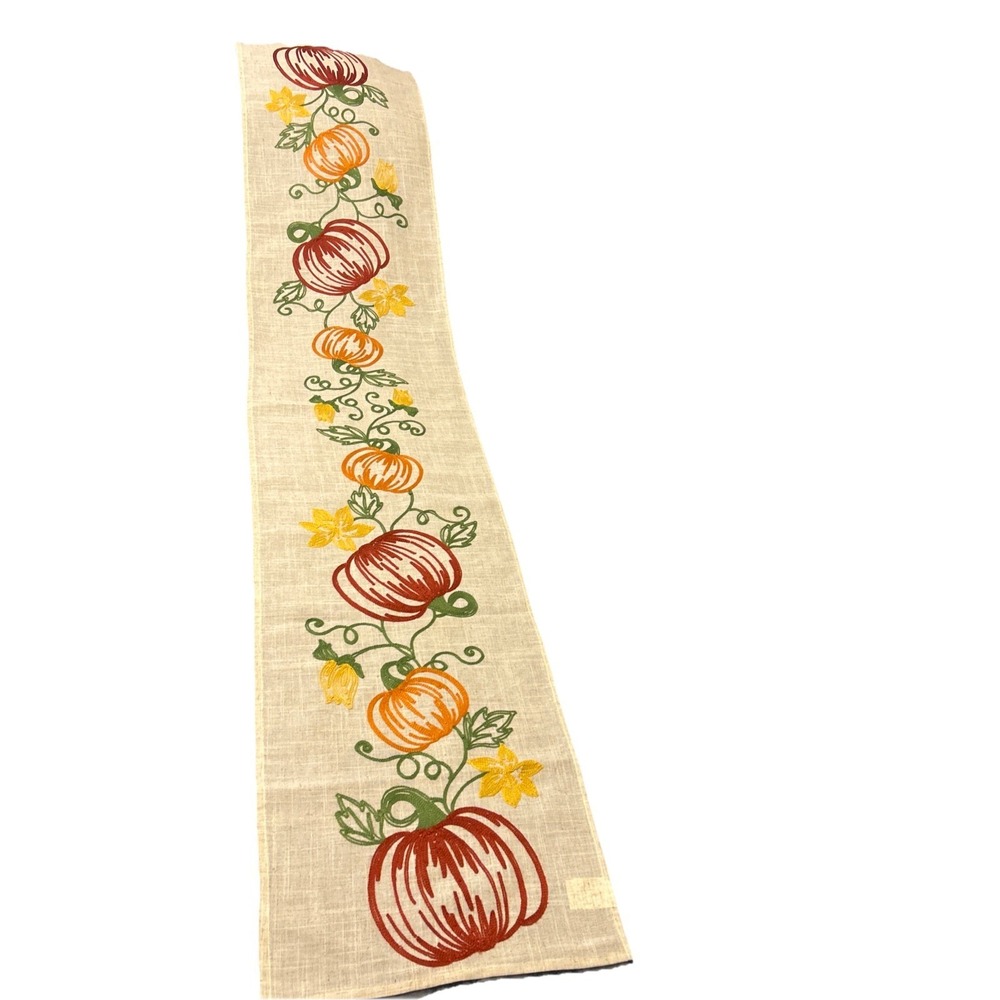 Autumn‎ Pumpkin Foliage Embroidered Table Runner 14x68 Fall Harvest Decor